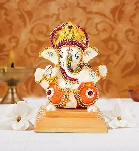White Stone (Resin) God Ganesha with Rosewooden Base Car Dashboard Decor Statue | Hindu Idol God Ganesh Ganpati Decor Sculpture