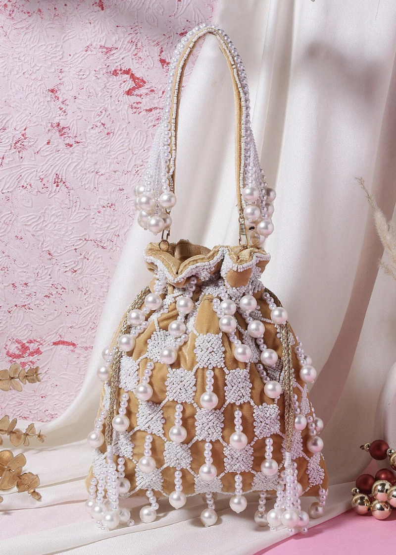 Women Brown Pearl Embroidered Stylish Potli Bag