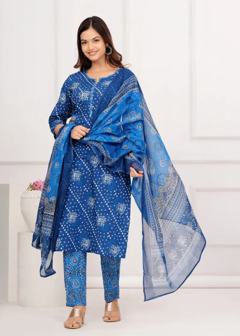 Women's Plus Size Cotton Bandhini Printed  Kurta and pant set With Dupatta