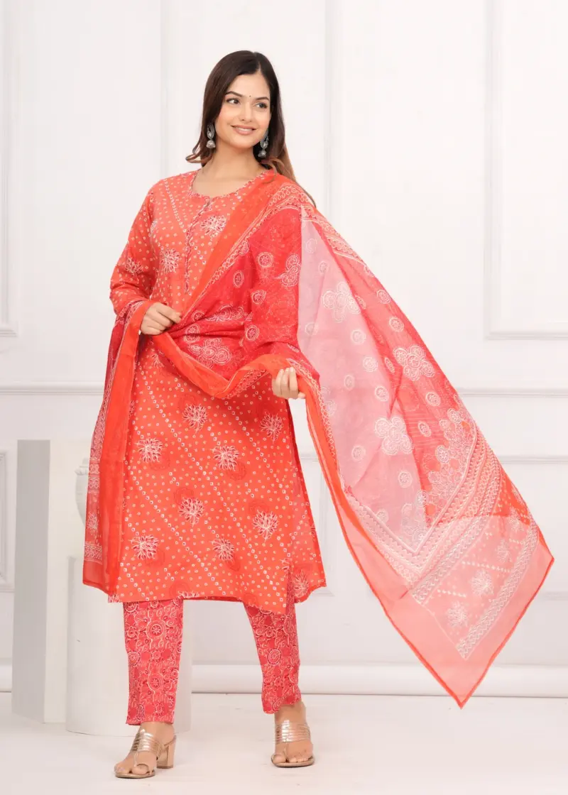 Women's Plus Size Cotton Bandhini Printed Kurta and Pant with Dupatta Set, Indian Ethnic Fashion