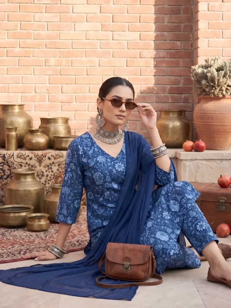 Blue Printed Straight Kurta Set With Dupatta for Women