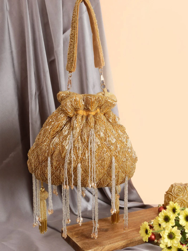 Women Luxury Party Wear Golden Evening Potli Bag