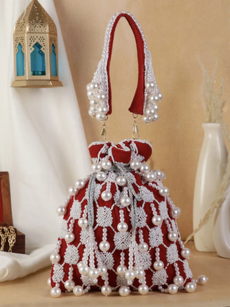 Women Red Pearl Embroidered Stylish Potli Bag