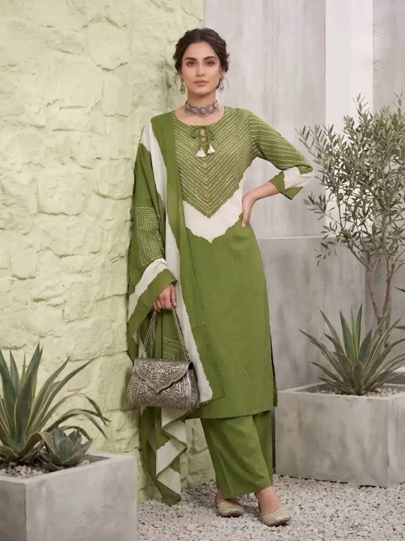 Green Printed Straight Kurta Set With Dupatta for Women