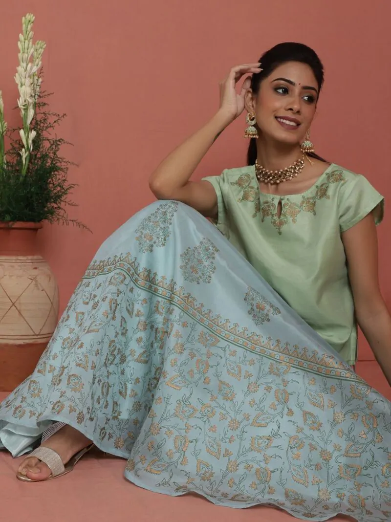 Pastle Blue & Green Block Printed Lehenga Choli