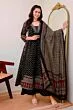 Women's Plus Size Rayon Printed Anarkali Black Kurta and Pant with Dupatta Set