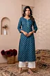 Women Teal Blue Printed Straight Kurta