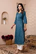 Women Teal Blue Printed Straight Kurta