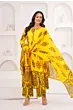 Women Pure Cotton Plus Size Kurta Pant Set with Dupatta,Yellow Floral Print Kurta Sets 