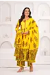 Women Pure Cotton Plus Size Kurta Pant Set with Dupatta,Yellow Floral Print Kurta Sets 