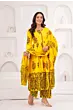 Women Pure Cotton Plus Size Kurta Pant Set with Dupatta,Yellow Floral Print Kurta Sets 