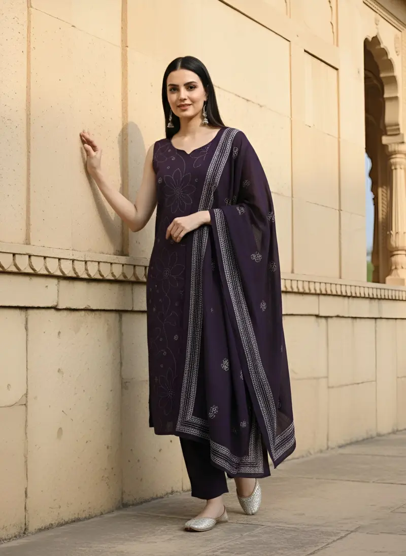 Purple Printed Straight Kurta Set With Dupatta for Women
