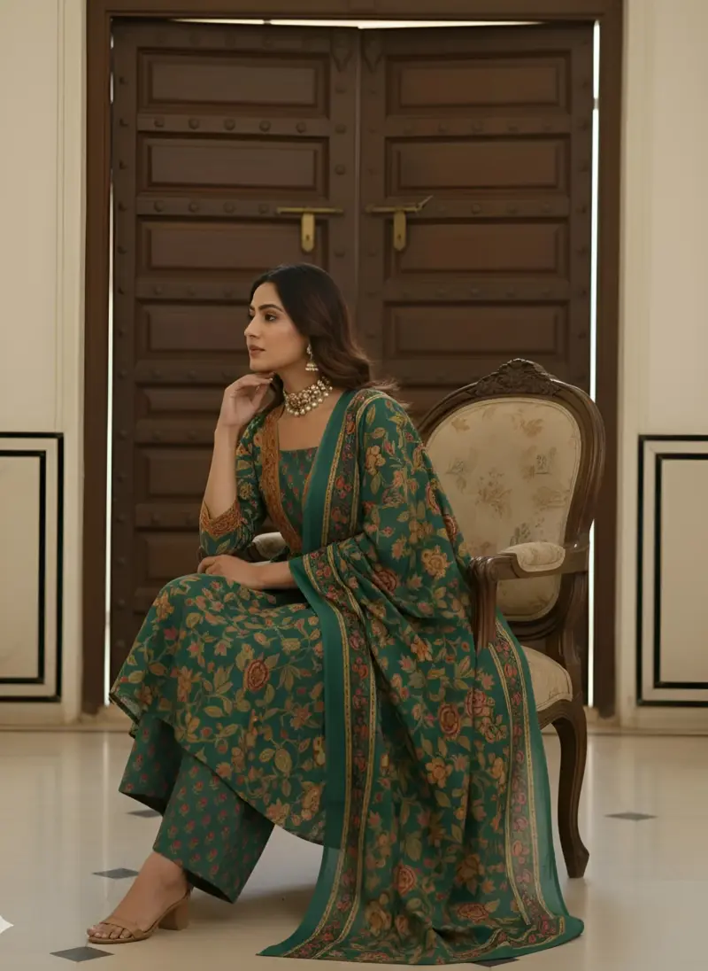 Green Printed Flared Kurta Set With Dupatta for Women