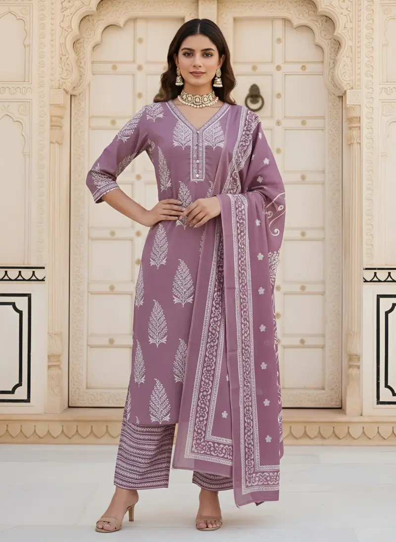 Mauve Printed Straight Kurta Set With Dupatta for Women