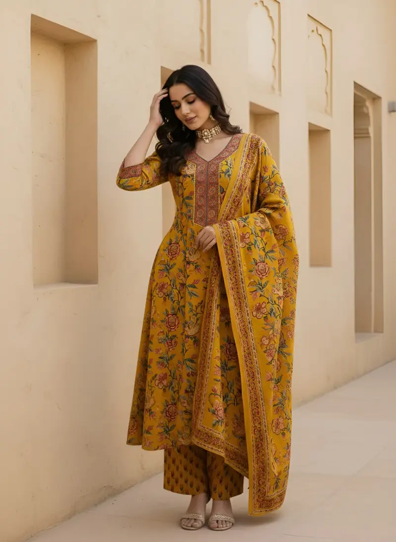 Yellow Anarkali Kurta Set With Dupatta for Women