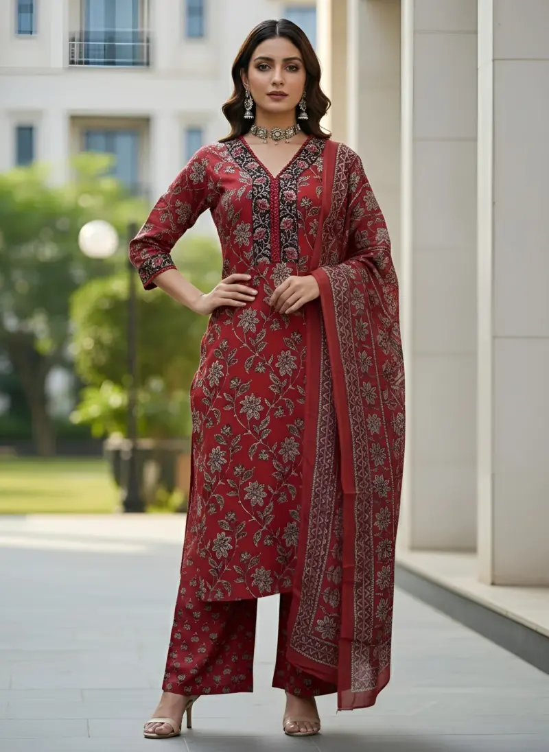 Maroon Printed Straight Kurta Set With Dupatta for Women