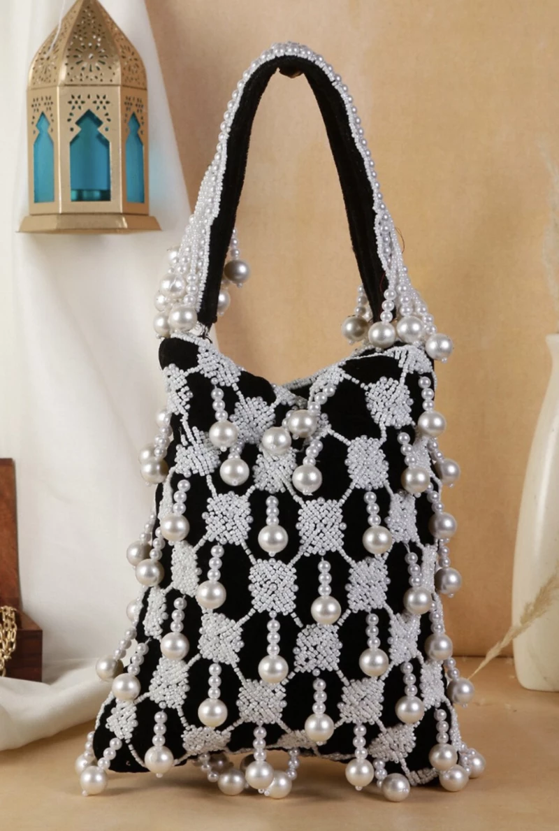 Women Black Pearl Embroidered Stylish Potli Bag