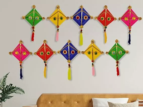 Woolen Handmade Colorful Kite Hanging Decoration for Wall/Door Hanging Home Decor (Pack of 10), Multicolour