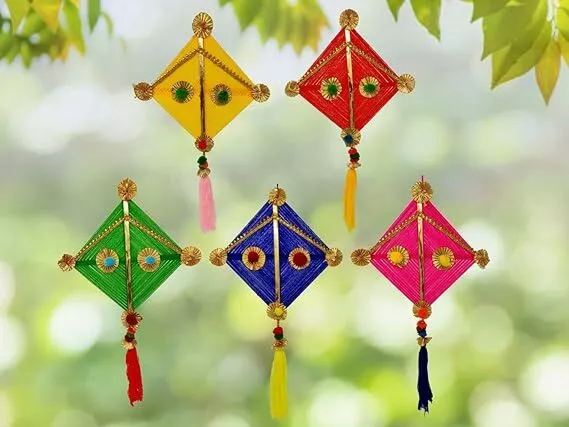 Woolen Handmade Colorful Kite Hanging Decoration for Wall/Door Hanging Home Decor (Pack of 5), Multicolour