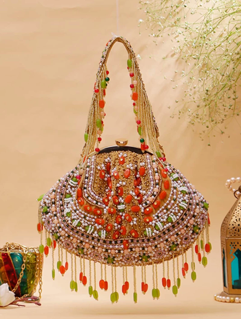 Women Wedding  Multicolor Beaded Bridal potli Bag
