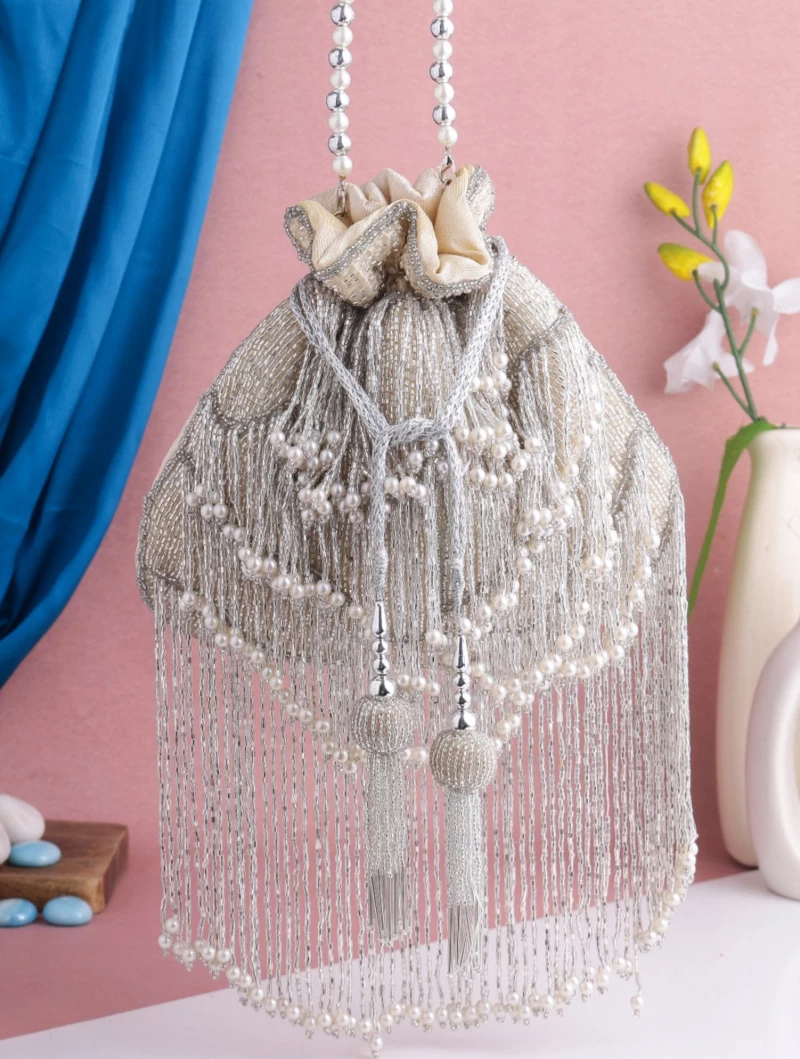 Silver Embellished Long Tassels Luxury Bridal Potli