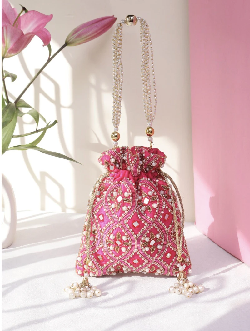 Pink Mirror Work Silk Embroidered Bridal Potli Bag