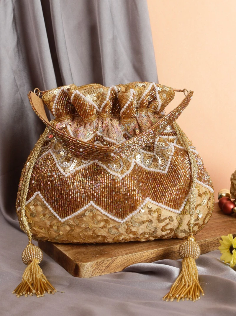 Gold and Coffee Handwork Embellished Luxury Potli Bag for Bride
