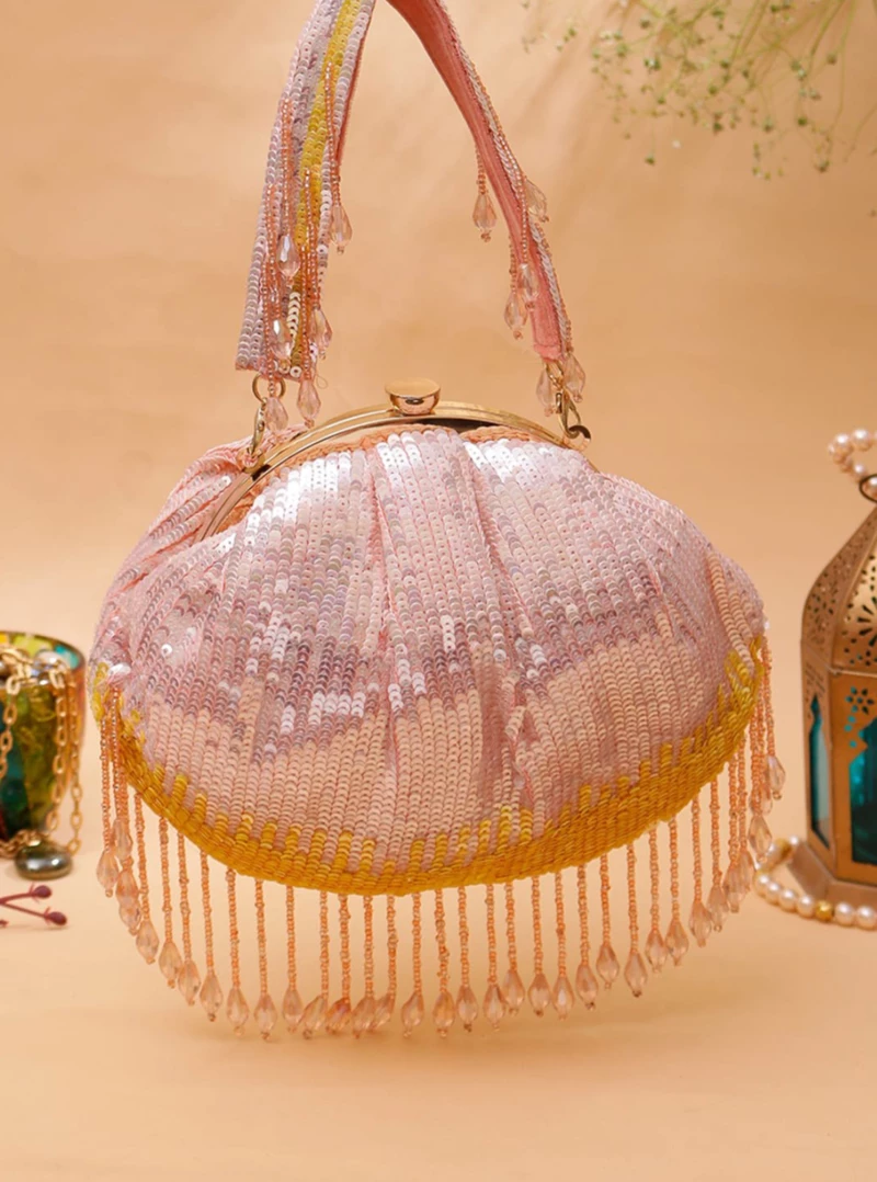 Designer Pink Sequins Embellished Bridal Clutch 