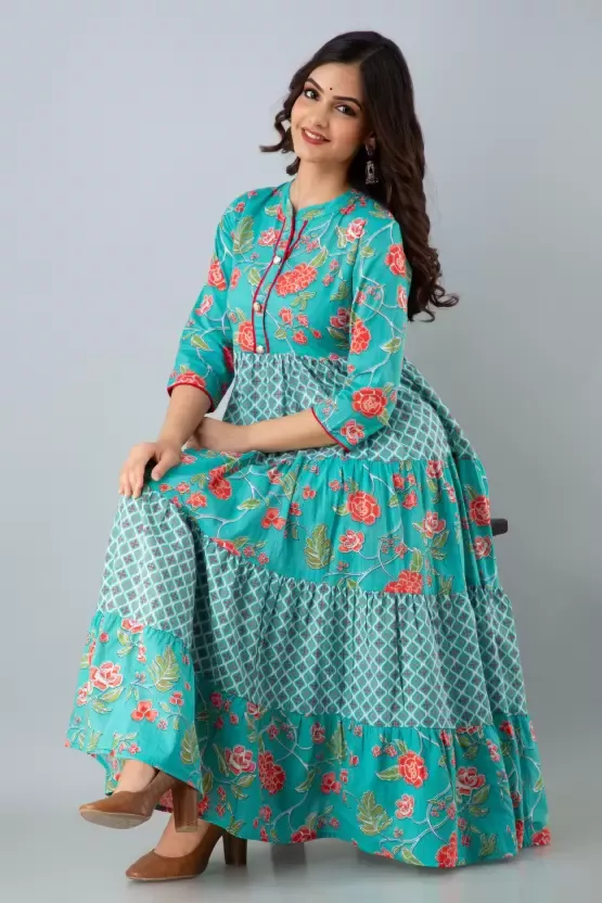 Women Printed Viscose Rayon Anarkali Kurta (Light Blue)