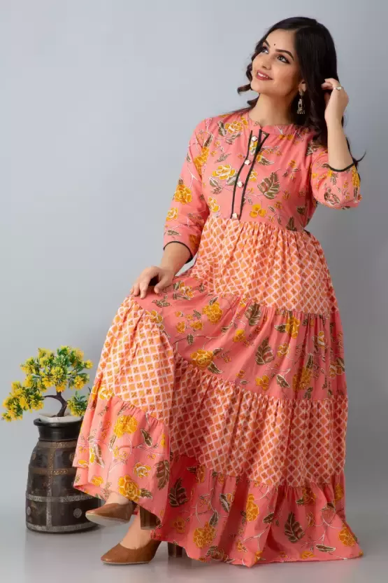 Women Printed Viscose Rayon Orange Anarkali Kurta 