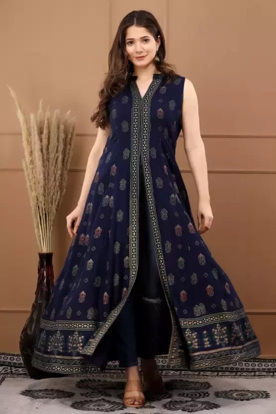 Women Floral Print Viscose Rayon Frontslit Kurta  (Dark Blue, Green)