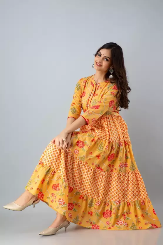 Women Printed Viscose Rayon Long Yellow Printed Anarkali Kurta