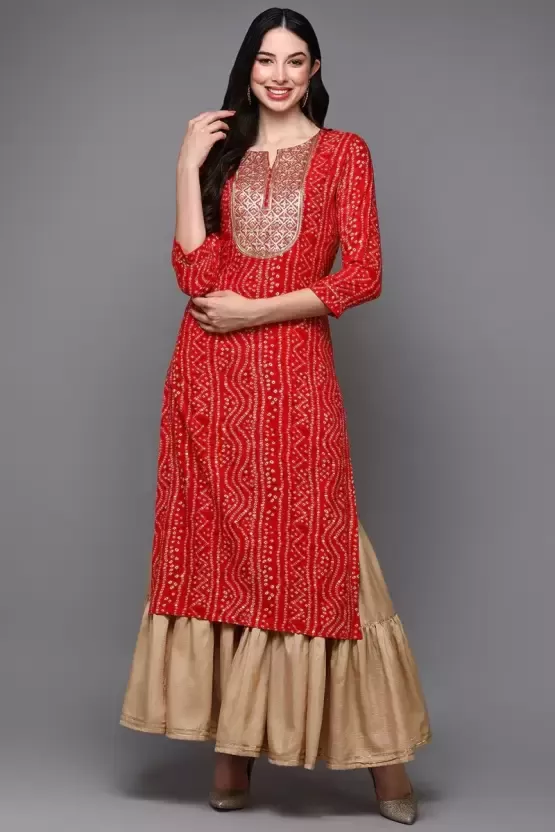 Women Printed Viscose Rayon Straight Kurta  (Red)