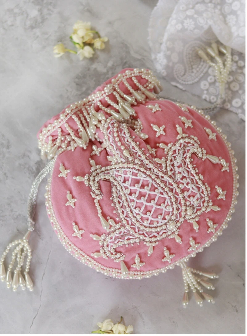 Pink Hand Embroidery Round Potli Bag