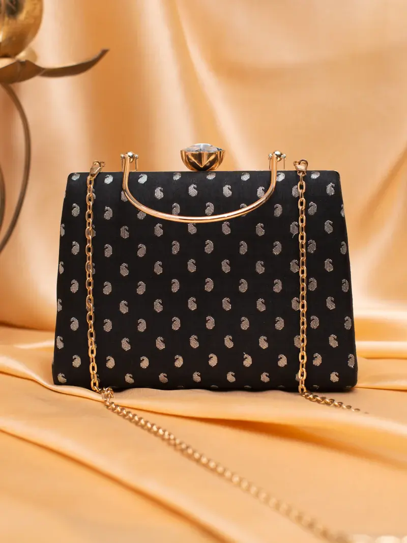 Woman Elegant Black & Gold Jacquard Evening Bag