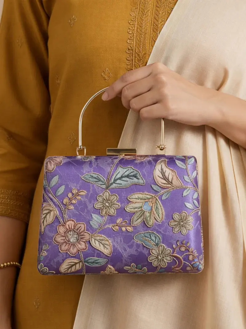 Women Lavender Floral Embroidered Clutch