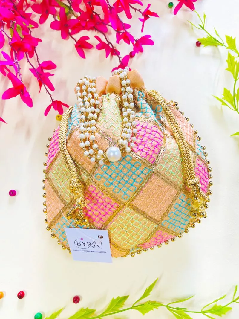 Multicolor Thread Embroidered Peach Potli for Women