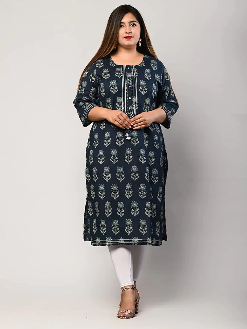 Women Printed Rayon Blue Plus Size Straight Kurta (Blue)
