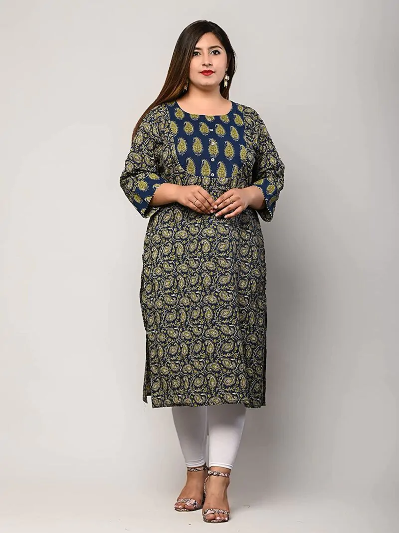 Women Pure Cotton Plus Size Straight Kurta with Floral Print (Blue)