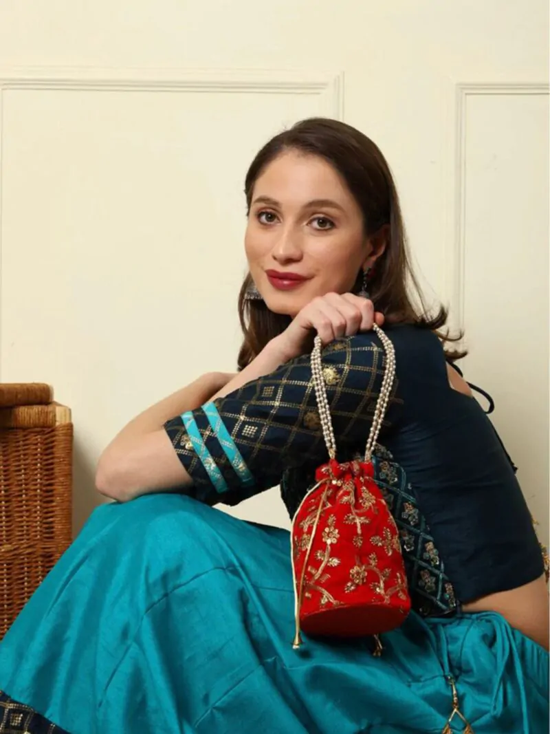Red Women Round Velvet Stylish Potli Pouches with Pearl Handle