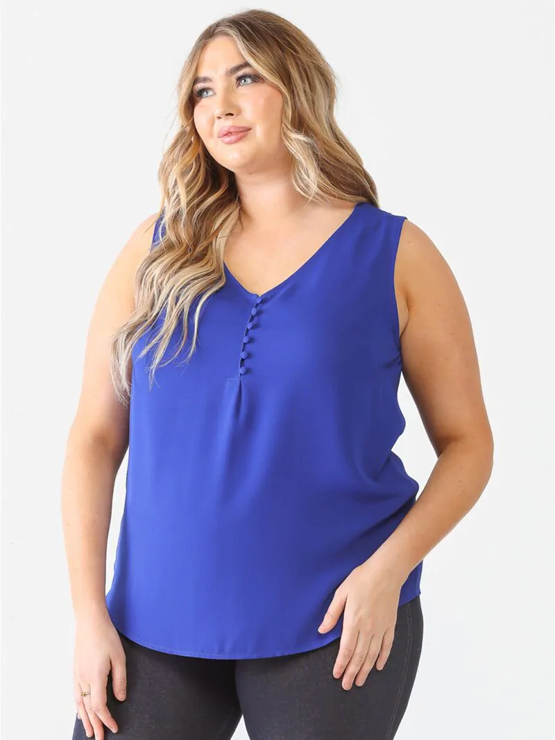 Plus Blue Button Up Detail Sleeveless Top