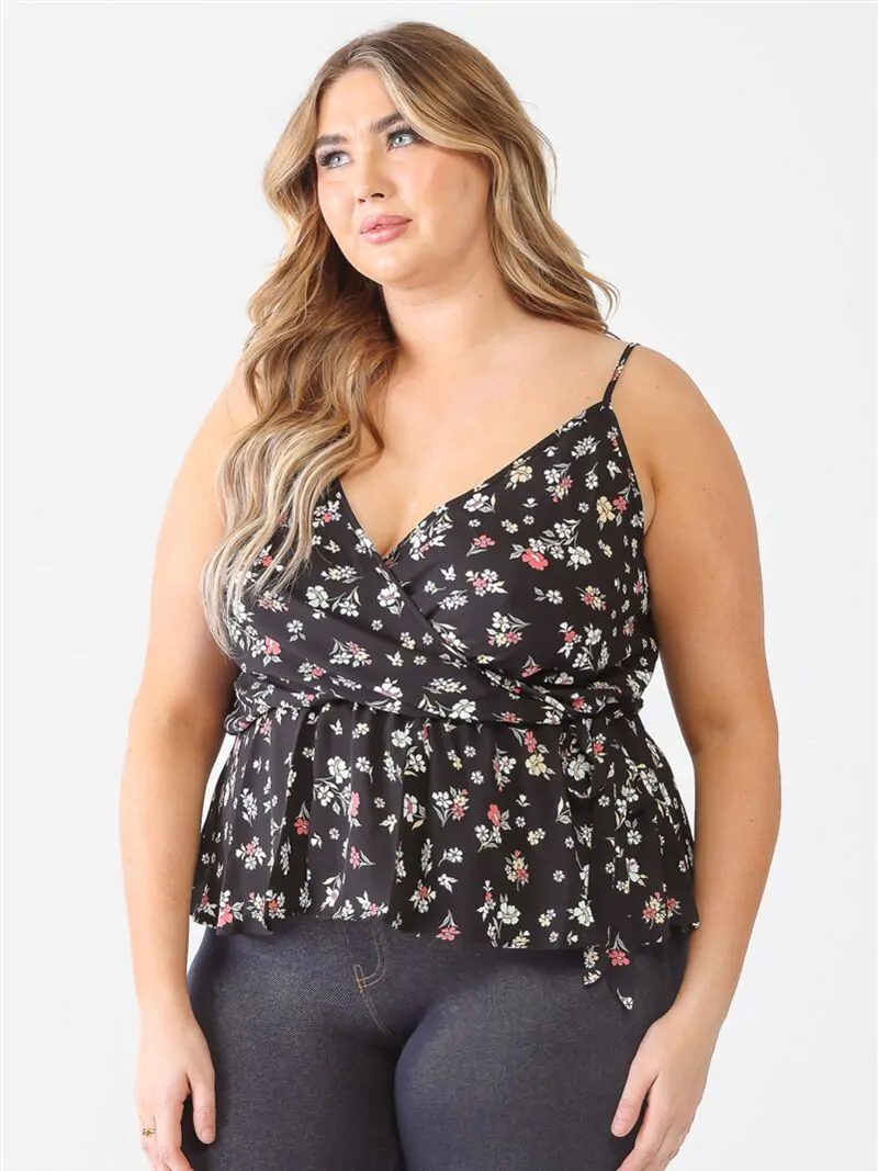 Plus Floral Sleeveless Wrap Neck Flare Hem Top