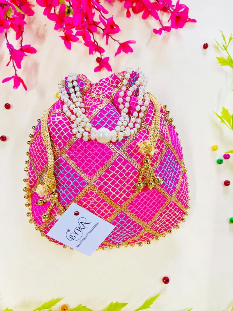 Multicolor Thread Embroidered Pink Potli for Women