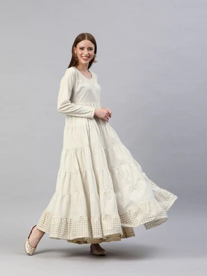 Women Cream-Coloured & Golden Printed Tiered Anarkali Kurta