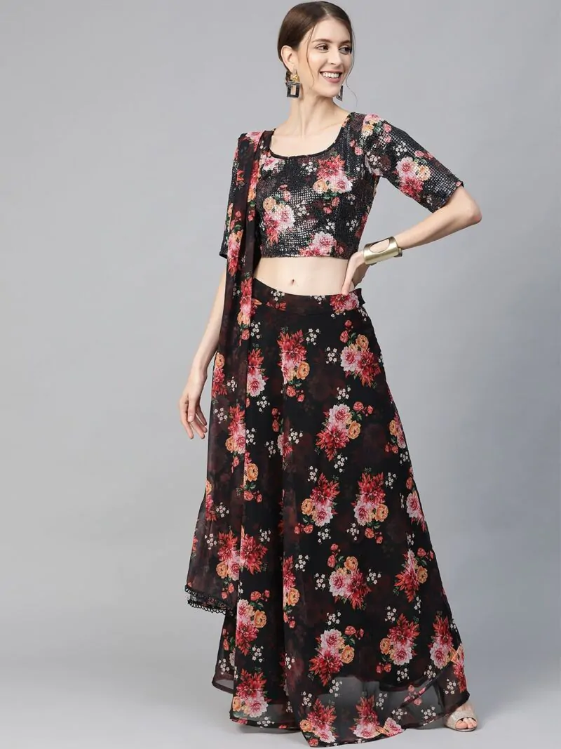 AKS Black & Pink Floral Print Ready To Wear Lehenga & Choli With Dupatta