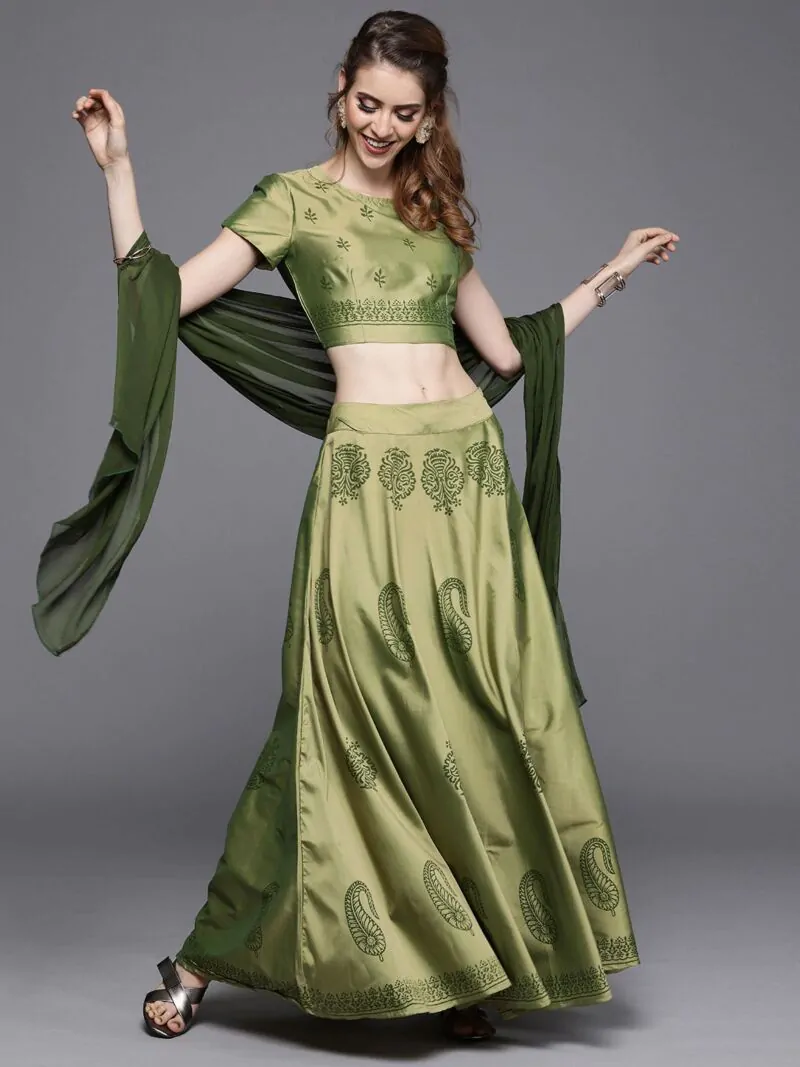 Olive Green Ready To Wear Lehenga & Blouse With Dupatta