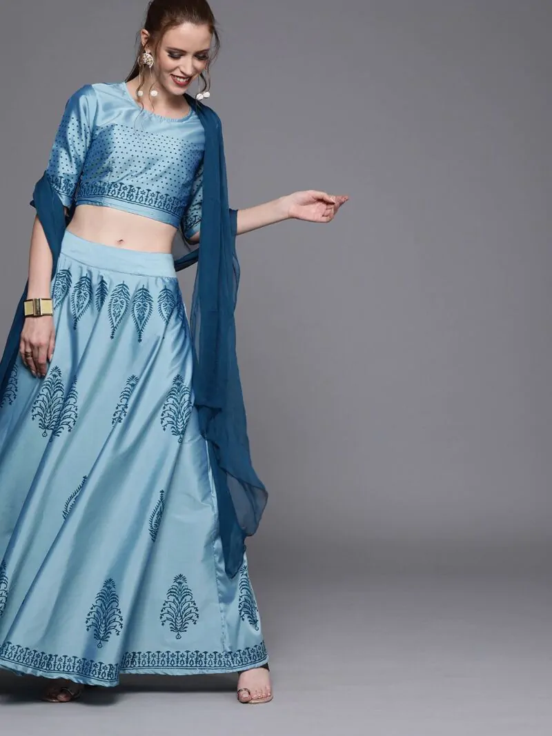 Couture Blue & Black Printed Ready To Wear Lehenga & Blouse With Dupatta