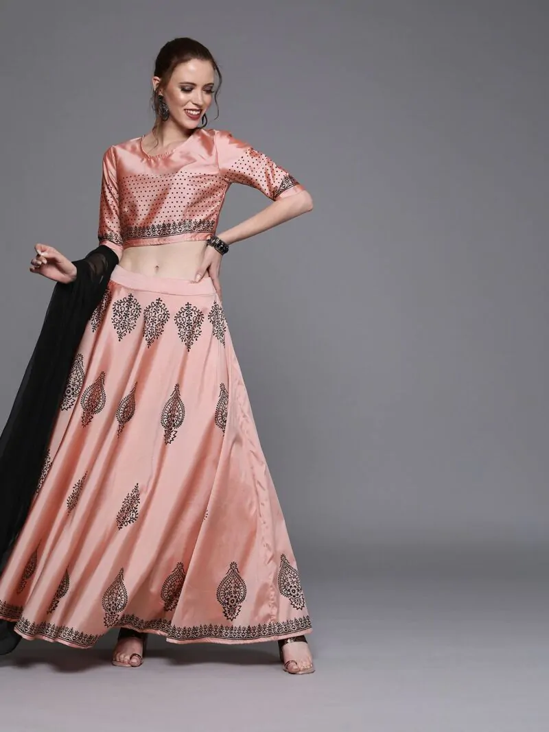Pink & Black Printed Ready To Wear Lehenga & Blouse With Dupatta