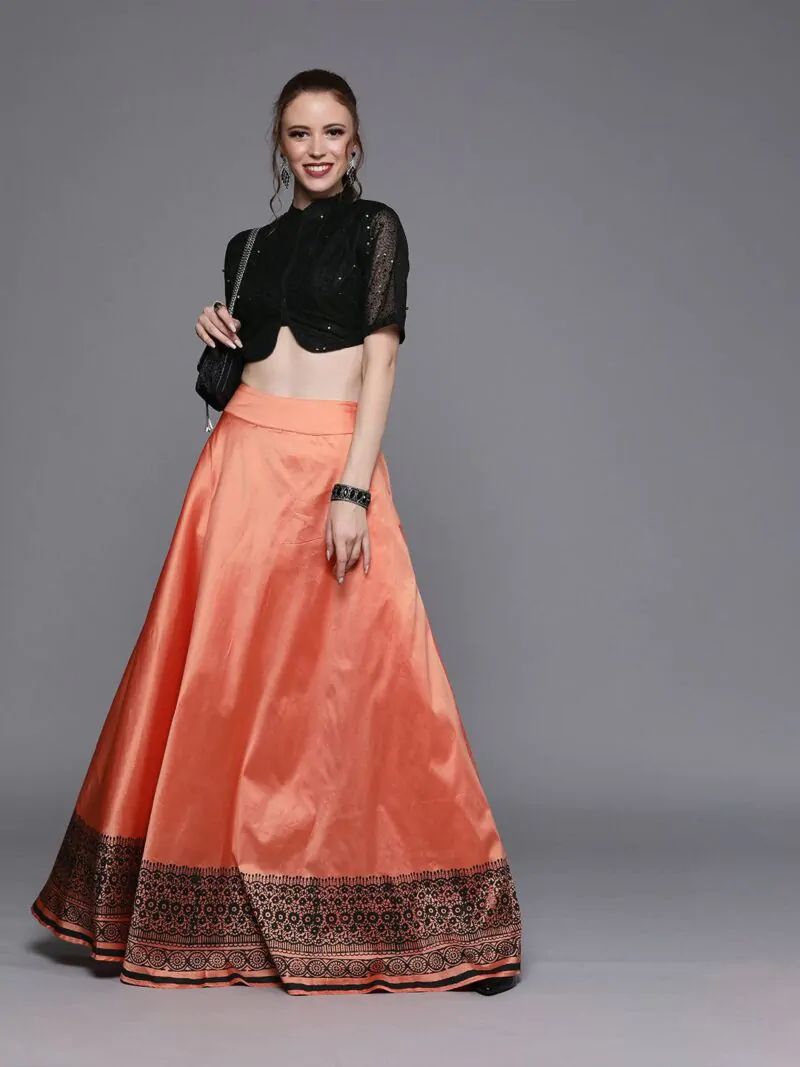 Coral Orange Ready To Wear Lehenga With Blouse