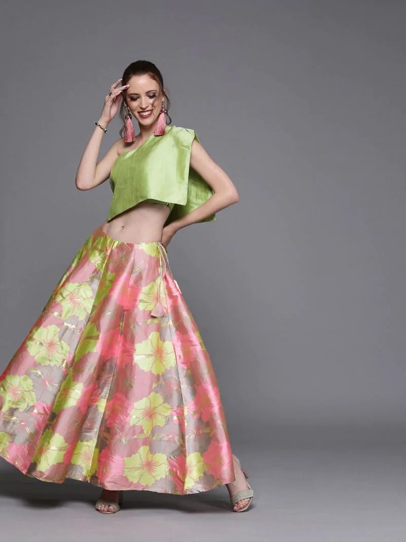 Couture Pink & Green Woven Design Ready To Wear Lehenga With Blouse